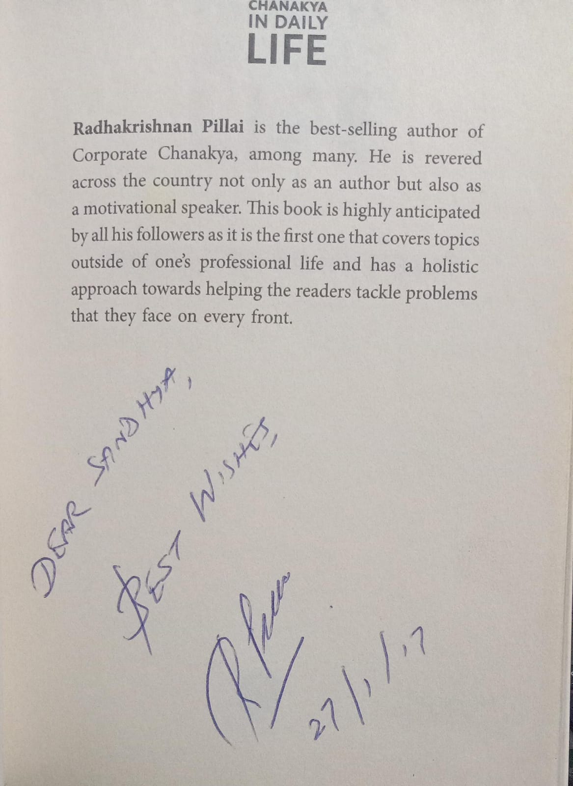 Chanakya in daily life [rare books] by Dr. Radhakrishnan Pillai [sign copy]
